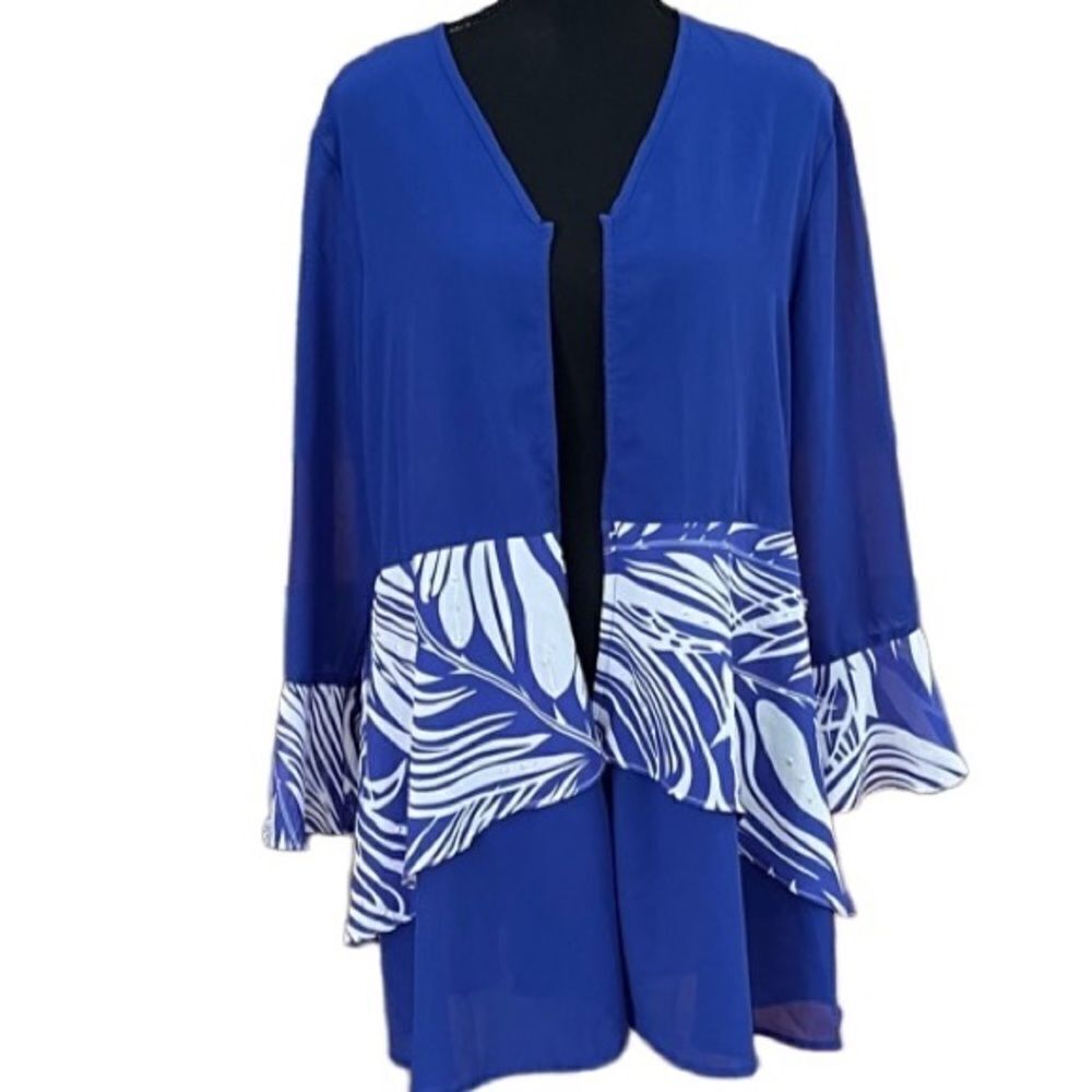 EY Boutique royal blue/white semi sheer open front tunic, ruffled sleeves sz XL